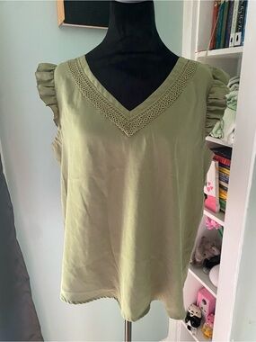 SHEIN Olive Green V-Neck Ruffle Sleeve Blouse